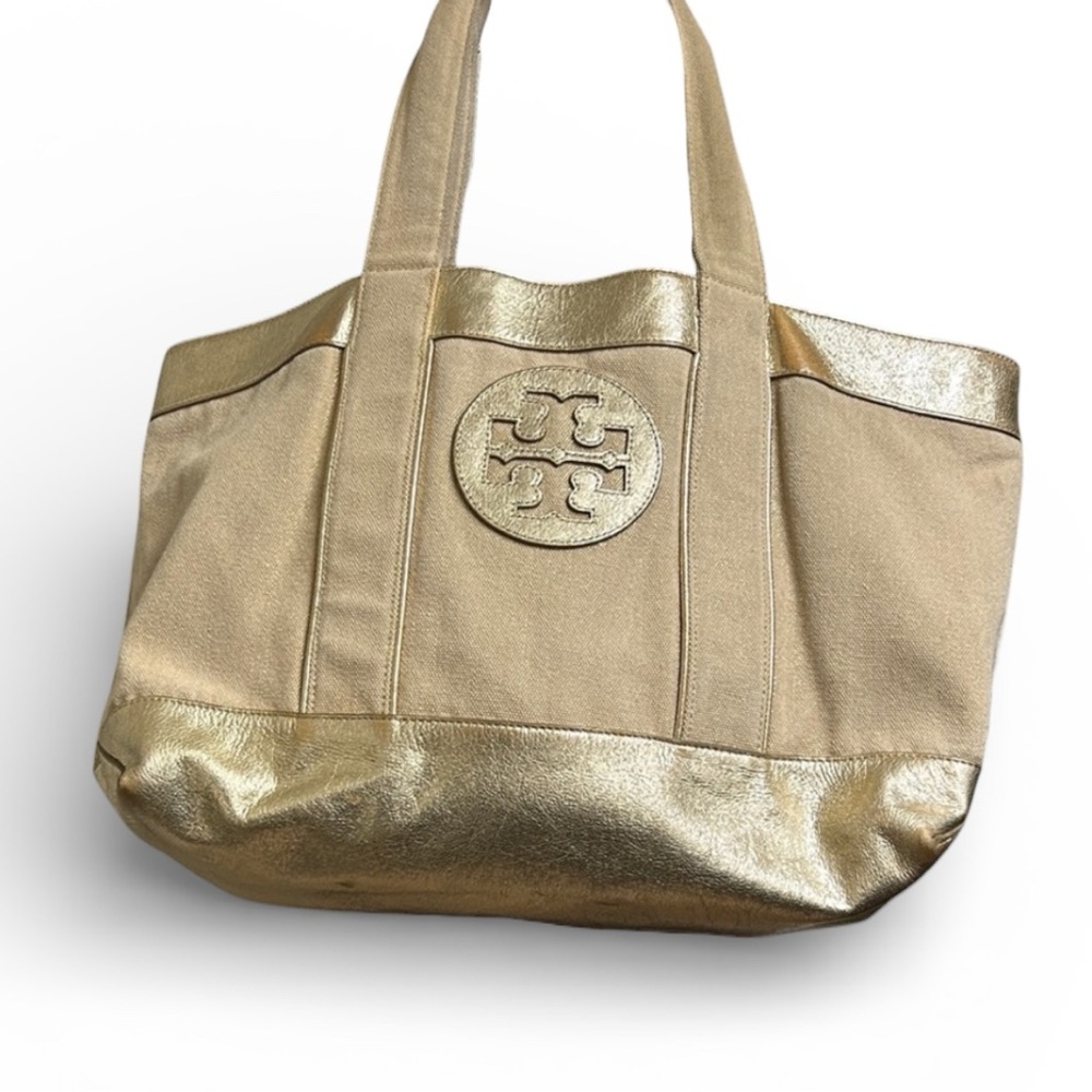 Tory Burch Beige Canvas Tote with Silver Trim - Picture 4 of 13